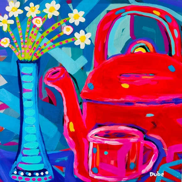 Modern Abstract Red Teapot Cup & Flowers 12"x 12" Cradled Wood Panel 12" x 12" - Picture 8 of 11